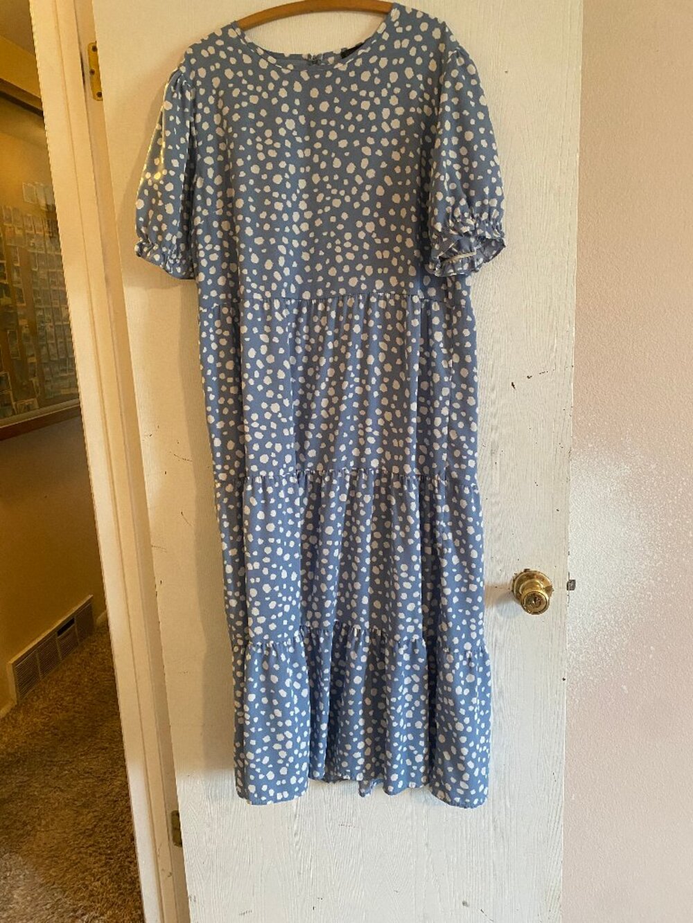 Pretty Garden Tiered Polka Dot Maxi Dress Blue White Boho Puff Sleeve XL